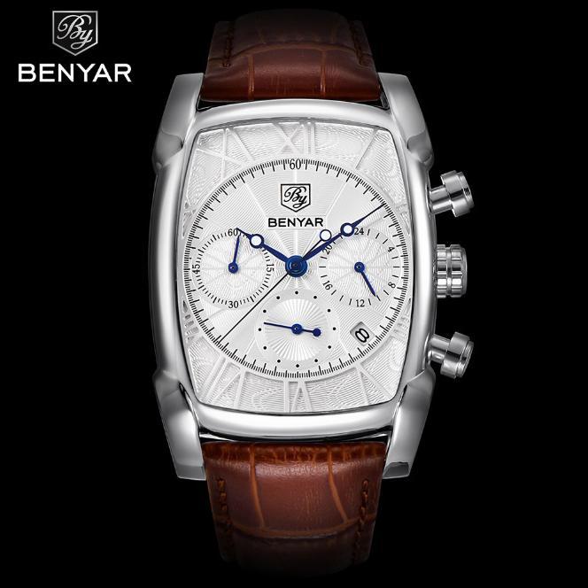 Đồng hồ nam dây da mặt vuông Benyar 1153M kính Sapphire chống xước