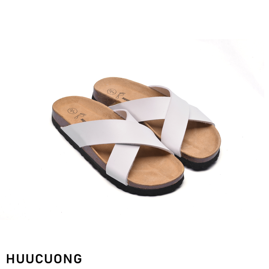 Dép unisex nam nữ 2 quai chéo trắng da Pu đế trấu Unisex