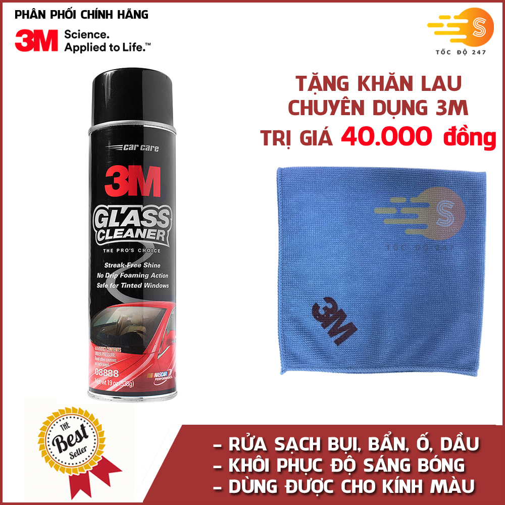 Dung dịch rửa kính ô tô 3M 08888 tặng khăn lau ô tô chuyên dụng 3M - Tốc độ 247, rửa sạch bụi bẩn, 3M Mỹ, an toàn dễ sử dụng
