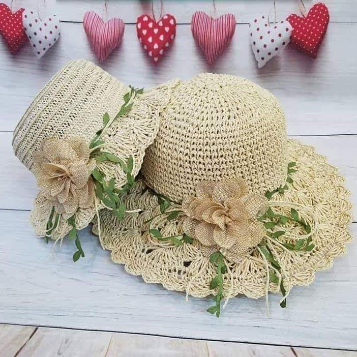 Set nón cói mềm mẹ và bé đính hoa lá