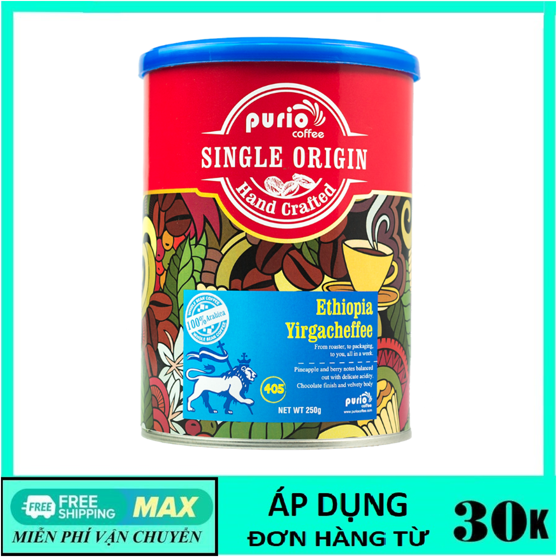 Cà phê đặc sản hạt Ethiopia Yigacheffe, Purio Specialty Coffee, lon 250gr.