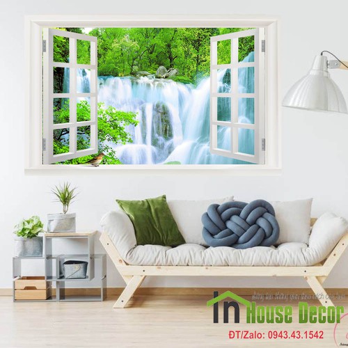 Tranh 3D dán tường trang trí phòng khách hình cửa sổ thác nước - MS397