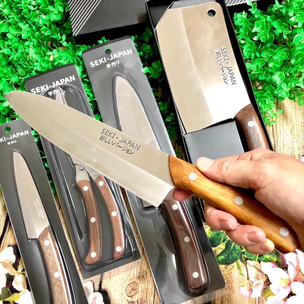 Bộ dao kéo Seki Nhật Bản, dao thái, dao gọt qua quả, dao chặt gà, dao chặt xương, kéo cắt gà, kéo cán gỗ siêu sắc