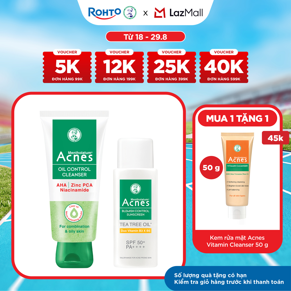 [VB] Bộ đôi sạch sâu - bảo vệ da, ngừa mụn Acnes (Sữa rửa mặt Acnes Oil Control Cleanser 100mL + Kem chống nắng Acnes Blemish Control Sunscreen 50mL)
