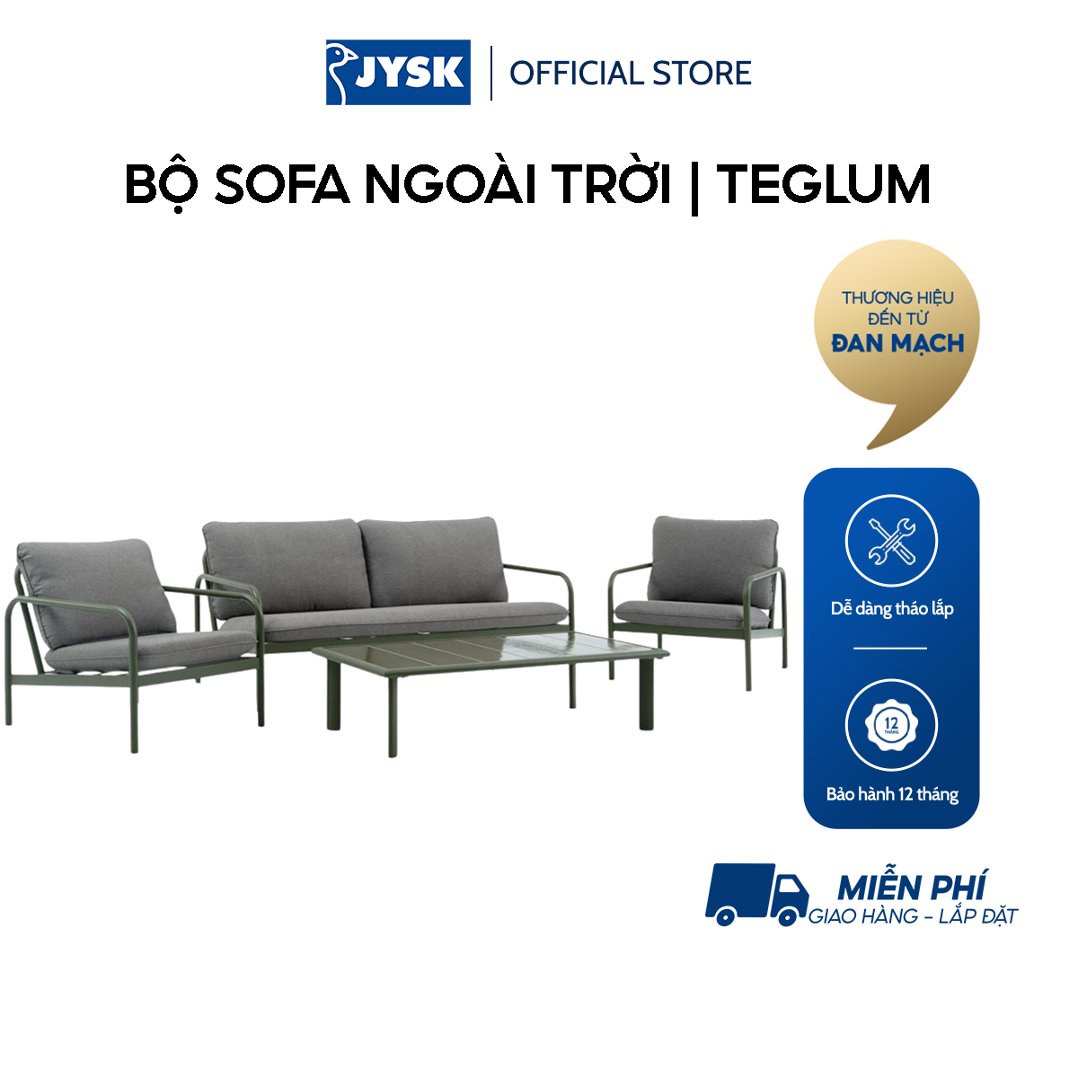 Bộ sofa ngoài trời | TEGLUM | thép/gốm | xanh olive | R165xS82xC72cm/R69xS82xC72cm/R65xD127xC35cm