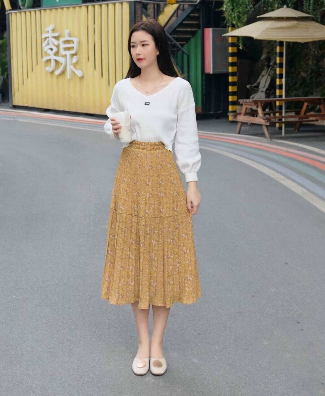 Chân váy hoa cạp chun dài qua gối 2 lớp siêu đẹp mới nhất 2021