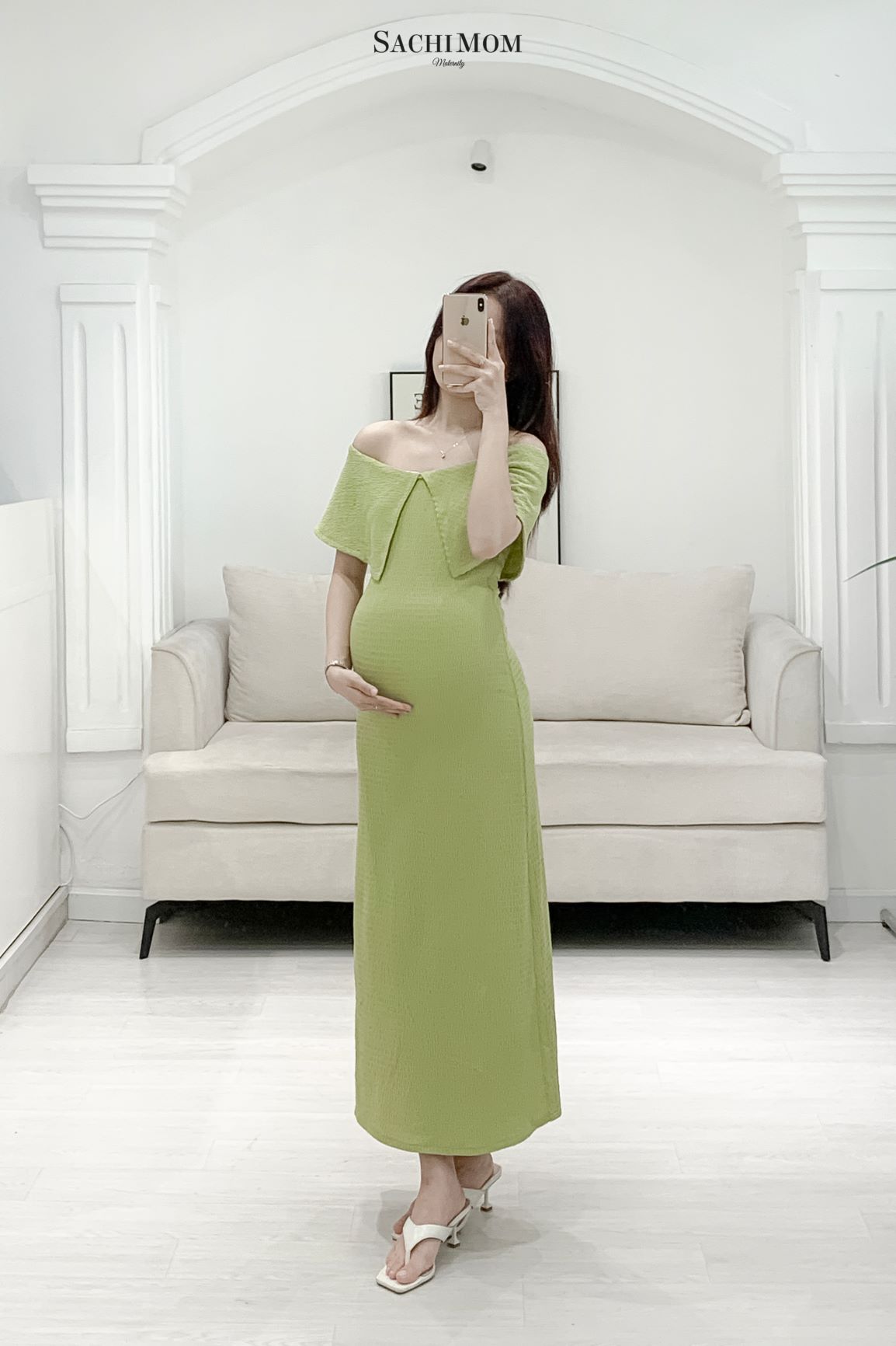 Đầm bầu sachimom - váy bầu ôm body trễ vai quinn dress