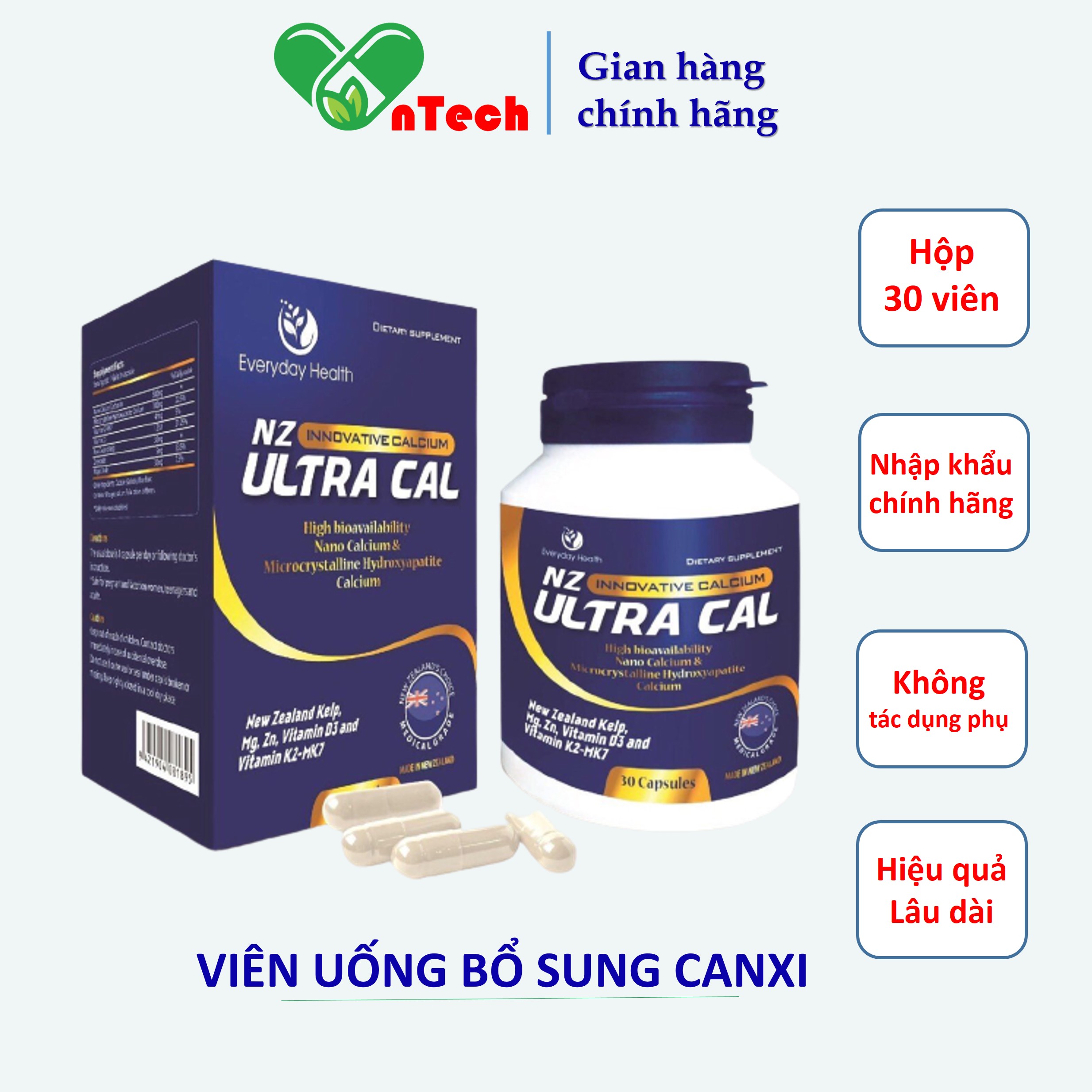 Viên uống bổ sung Canxi hữu cơ nano canxi Everyday health NZ- Ultra Cal Hàng Nhập Khẩu Chính hãng New Zealand hộp 30 viên