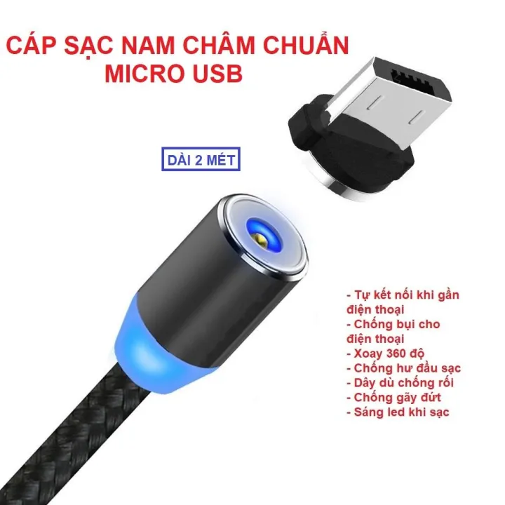 Cáp sạc nam châm chuẩn sạc Lightning/Micro USB/ TypeC - độ dài 2 mét, dây dù chống rối xoay 360 độ tự kết nối điện thoại - ATDTECH