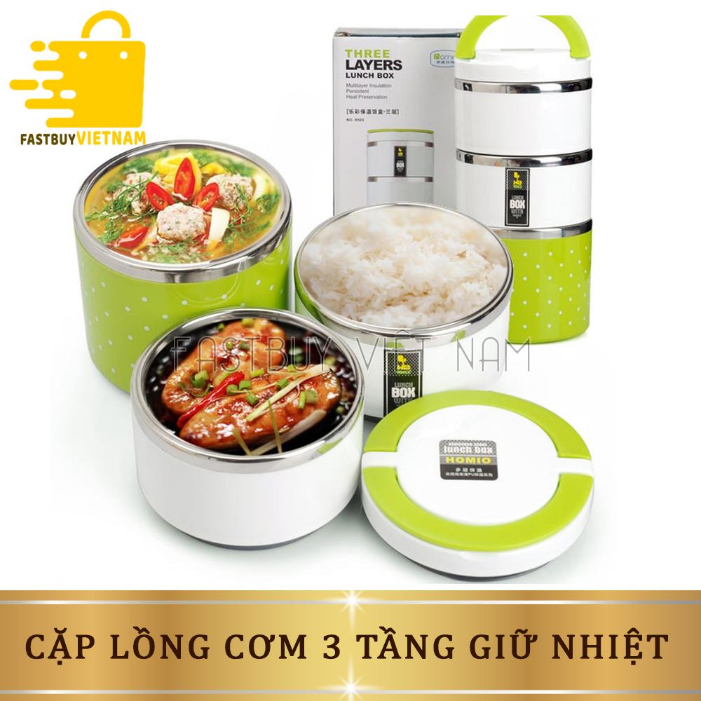 Cặp lồng cơm 3 tầng giữ nhiệt chấm bi ruột inox - Hộp cơm 3 tầng chấm bi ruột inox giữ nhiệt tốt
