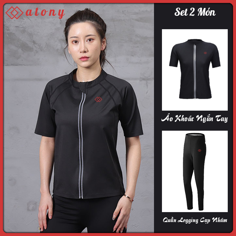 Đồ Tập Sinh Nhiệt Giảm Mỡ Bụng ATONY, Đồ Tập Đổ Mồ Hôi Giảm Mỡ Bụng Cao Cấp - Set 2 Áo Khoác Ngắn Tay + Quần Giảm Mỡ