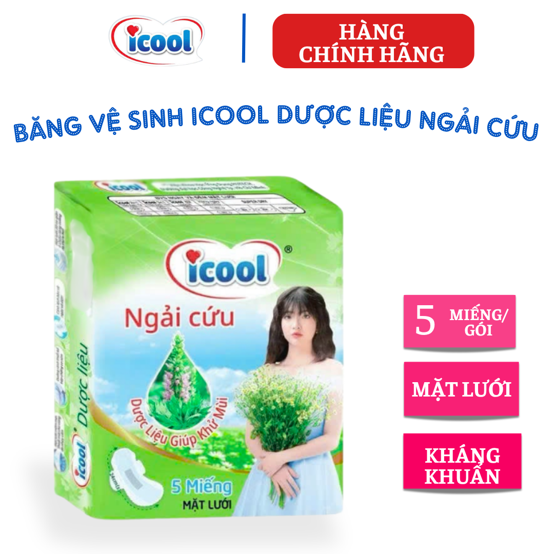 {Hàng chính hãng} Băng vệ sinh ICOOL dược liệu ngải cứu, mặt lưới siêu thấm gói 5 miếng. BVS ban ngày 24cm có cánh KHÔNG COOL MÁT
