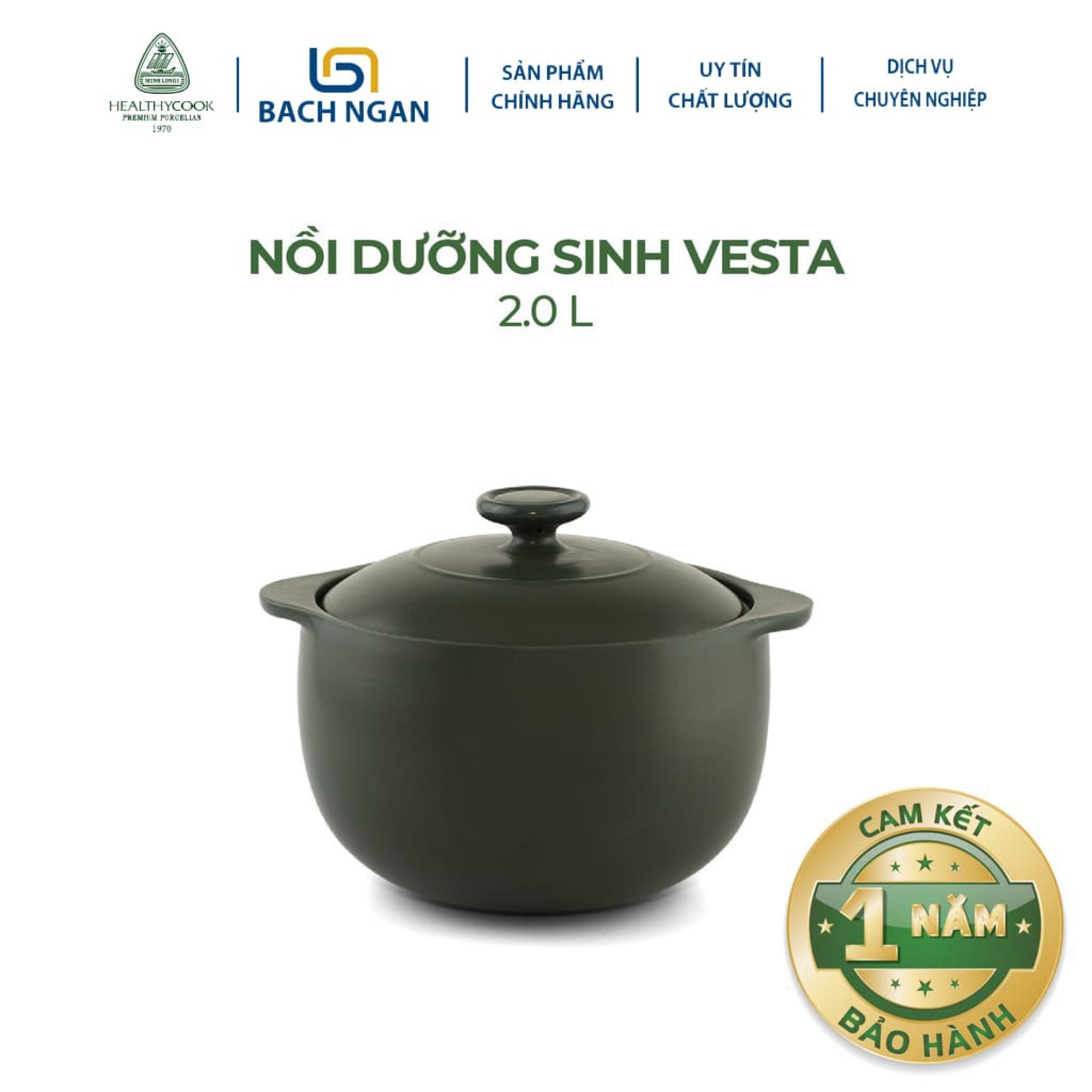 Nồi Sứ Dưỡng Sinh Minh Long Vesta 2.0 L dùng cho Bếp Ga, Hồng Ngoại có nắp đậy, tráng men màu sứ xanh rêu, có thể kho cá, hầm cháo - nồi đất