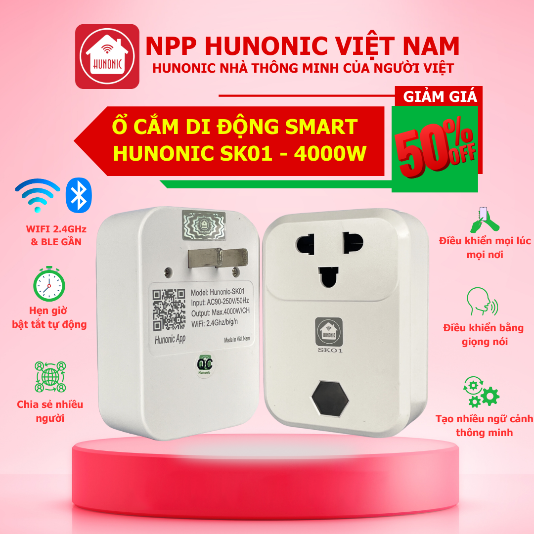 Ổ Cắm Wifi Hunonic SK01 Công Suất 4000W Cắm Là Chạy Bật Tắt Từ Xa Qua Điện Thoại Ra Lệnh Giọng Nói Bằng Tiếng Việt