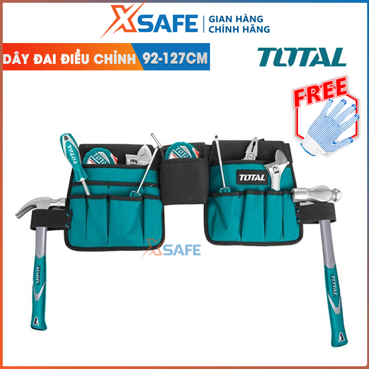 Túi đựng công cụ kèm dây đai TOTAL THT16P2031 Túi được làm từ chất liệu vải polyester 600D có 14 ngăn túi nhỏ và 2 ngăn đựng búa