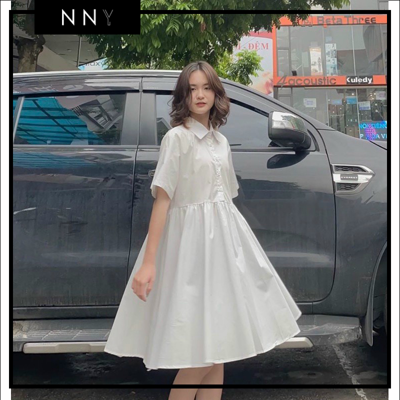 Váy babydoll sơ mi xòe trắng có lót dom dress - v008