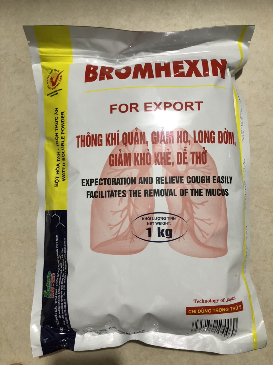 Bromhexine/ Bromhexin/ Brom (1kg-Sakan) giảm ho, long đờm dùng cho chó, mèo, gia súc, gia cầm