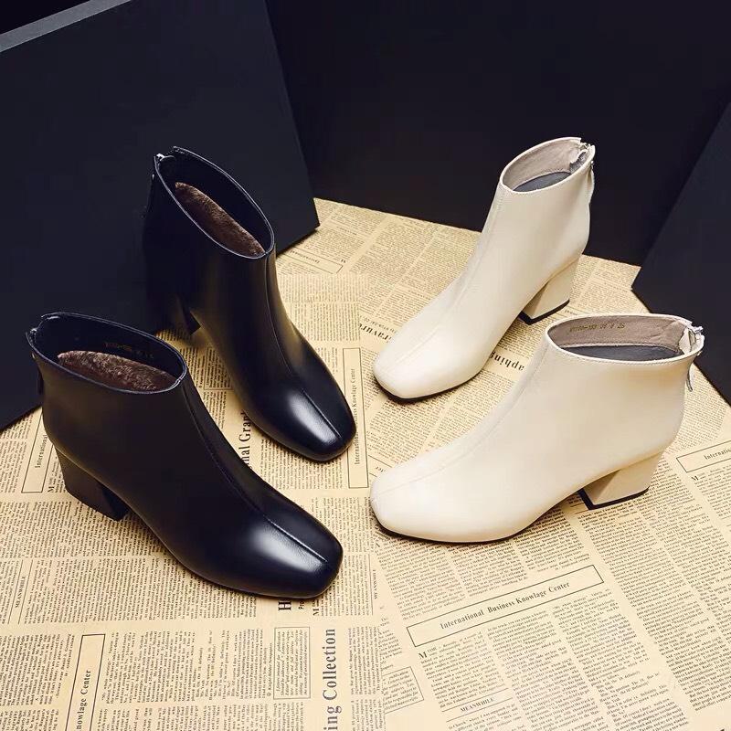 Giày bốt nữ công sở chất da đẹp - giày nữ giày boot nữ boots giày cao gót đế vuông nữ màu đen màu kem phong cách hàn quốc giá rẻ dễ phối đồ