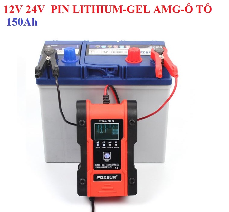 Sạc bình ắc quy 12V 24V 150AH FOXSUR sạc Pin lithium có chức năng khử sunfat MẪU MỚI 2021 sạc ắc quy ô tô xe máy thông minh tự ngắt khi đầy chống ngược cực