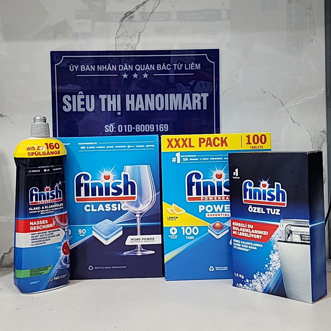 Combo 100 Viên Finish hoặc 1.5kg Muối rửa bát Finish hoặc 800ml Nước làm bóng chén, 120 viên all in one 110 V, 1.2kg muối làm mềm nước 1, 5kg, 750ml dung dịch dầu