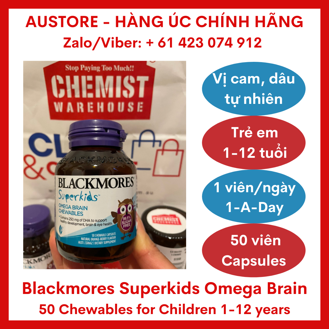 [Bill Úc] Blackmores Superkids Omega Brain 50 Chewables (for Children 1-12 years) - Kẹo nhai Blackmore Superkid vị cam bổ sung DHA, hỗ trợ phát triển não & mắt khỏe mạnh cho trẻ từ 1-12 tuổi