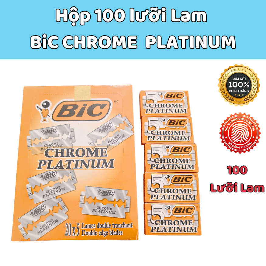 Box of 100 Bic Chrome Platinum Razor Blades [Genuine], Stainless Steel Material, Super Sharp, 100 Razors.
