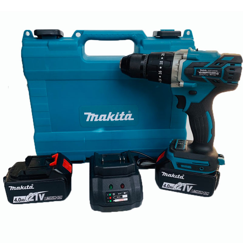 Máy khoan pin makita 21v không chổi than, đầu 13 ly, 3 chức năng có búa,2 pin 10cell 4ah