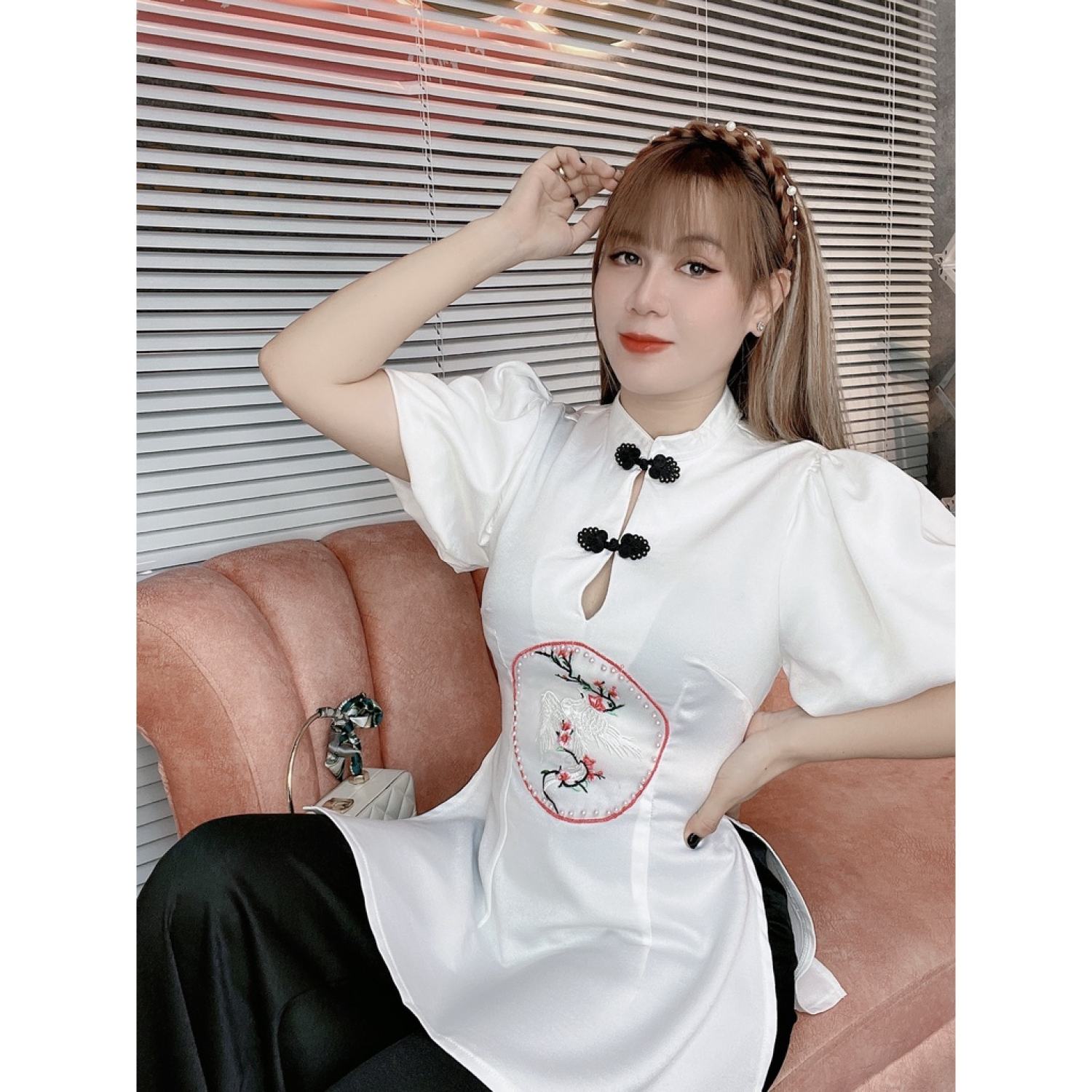 Set đồ lam đi chùɑ, set lam con hạt thêu set bộ bà ba đi chùɑ đẹp dễ thương sd227 | anh vũ