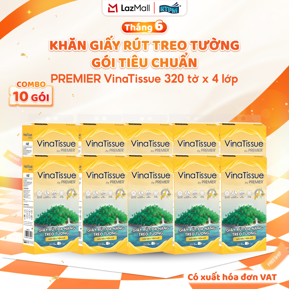 [COMBO 10 GÓI , KHÔNG MÓC TREO] Giấy rút treo tường PREMIER Vinatissue, 4 lớp - 100% bột giấy nguyên sinh, không chất tẩy, 320 tờ/gói tiêu chuẩn - Chính hãng