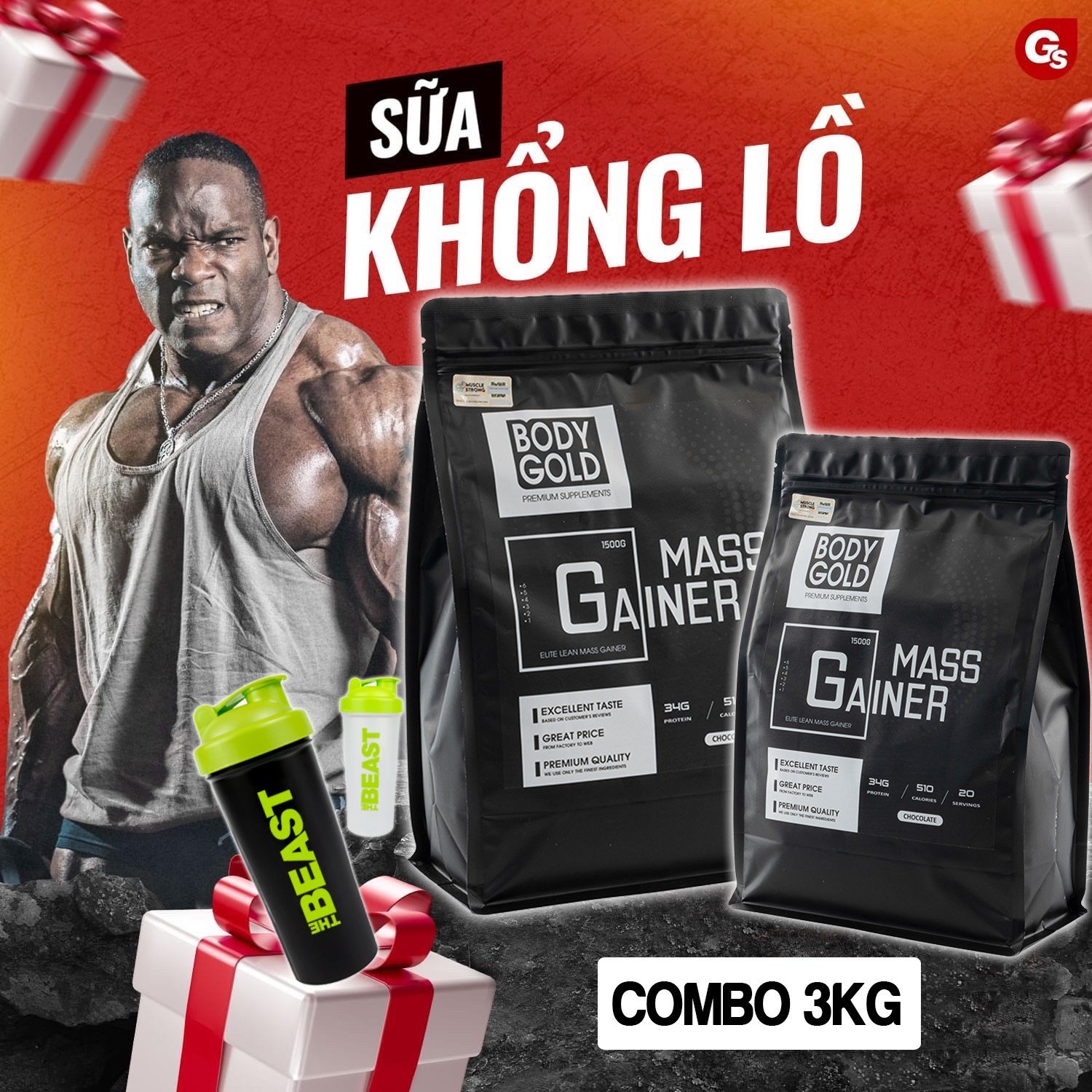 Combo 2 túi sữa tăng cân - tăng cơ elite lean mass gainer body gold 3kg - tặng bình lắc
