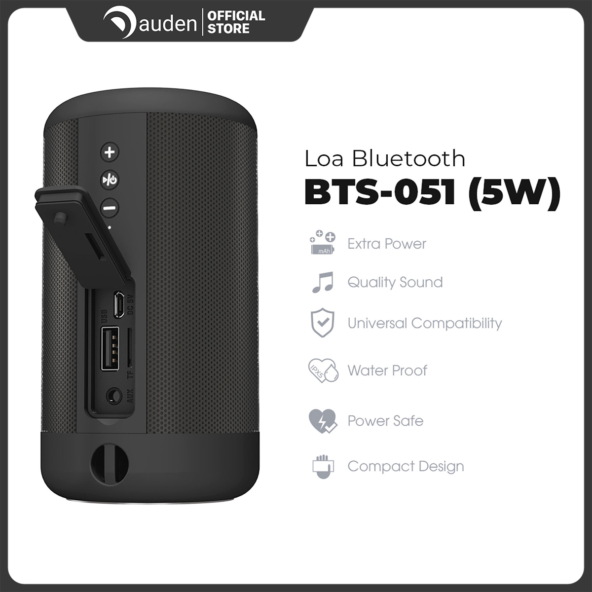 Loa bluetooth Energizer BTS-051 kiêm sạc dự phòng, kết nối 10m, công suất 5W, chống thấm nước IPX5 - Dâu Đen Store