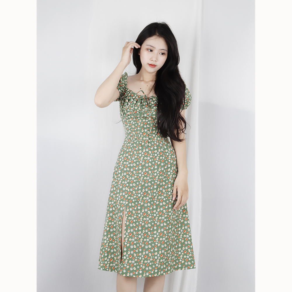 Đầm hoa nhí cổ vuông tay phồng xẻ tà vintage RD021