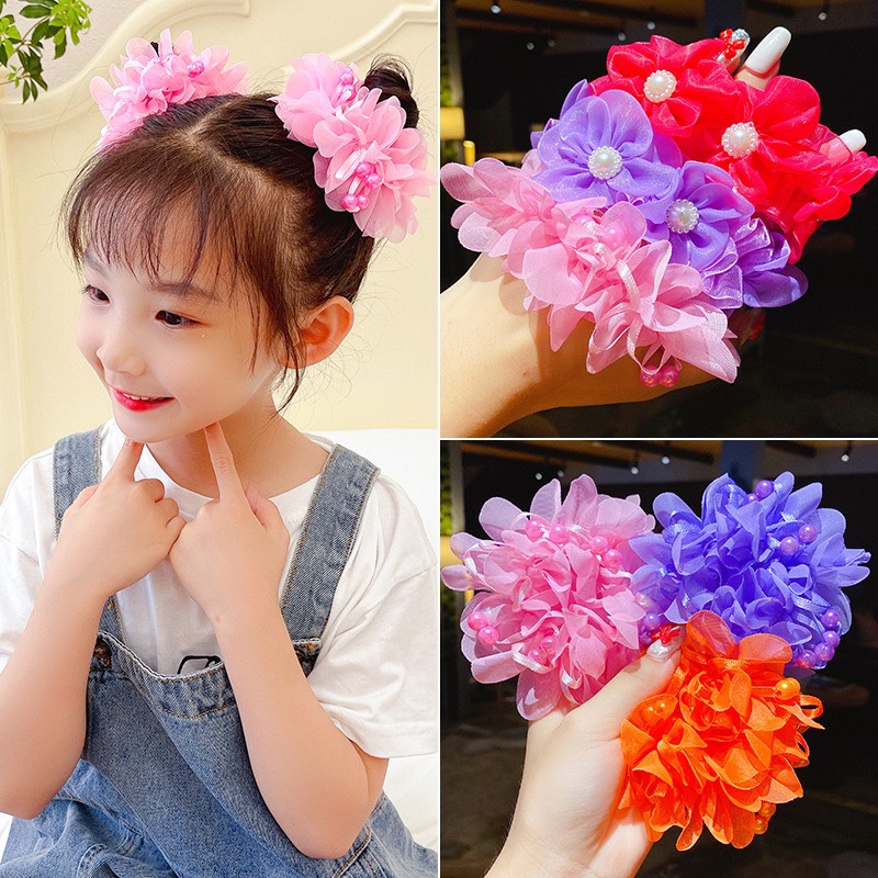Set 2 Dây cột tóc, dây bông hoa cho bé đi múa đính đá nhiều màu sắc