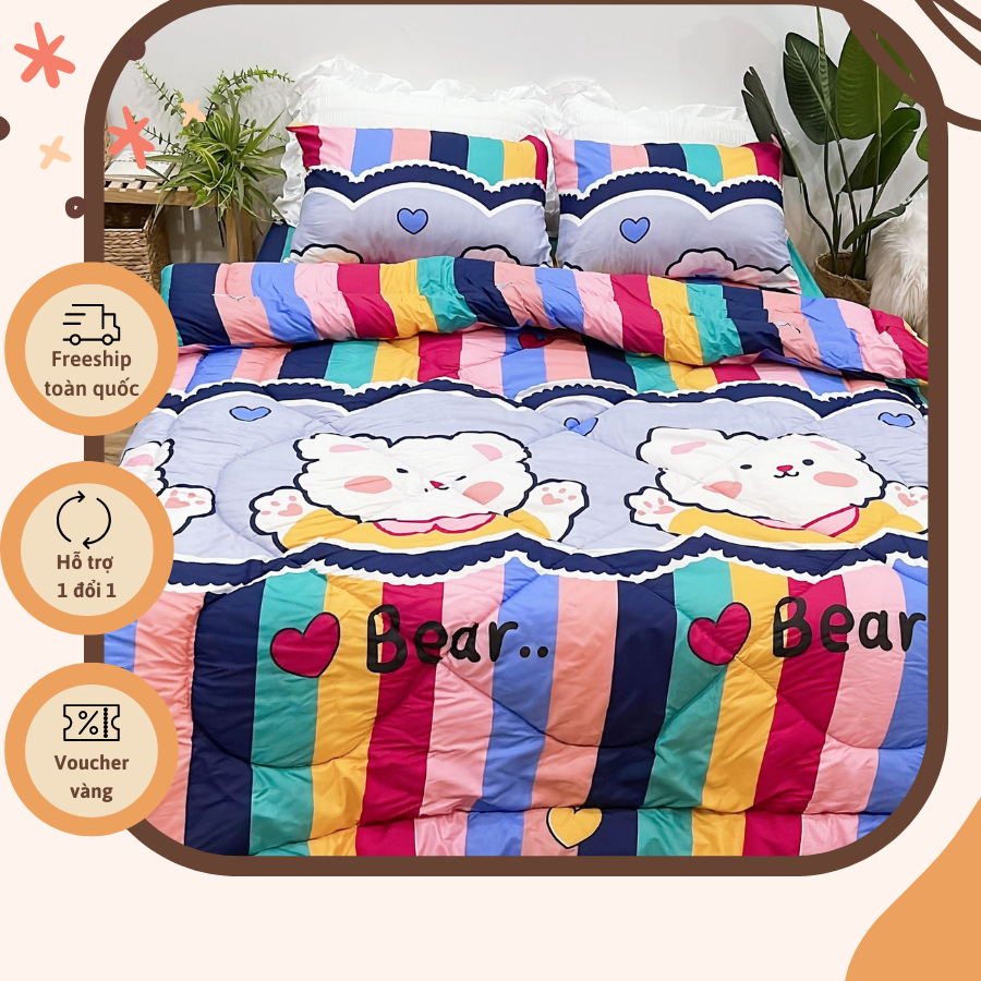 Bộ Chăn Phao 5 Món Mẫu Gấu Kẻ Sọc P68 ( Gồm 1 chăn phao, 1 ga bo chun, 2 vỏ gối nằm, 1 vỏ ôm )