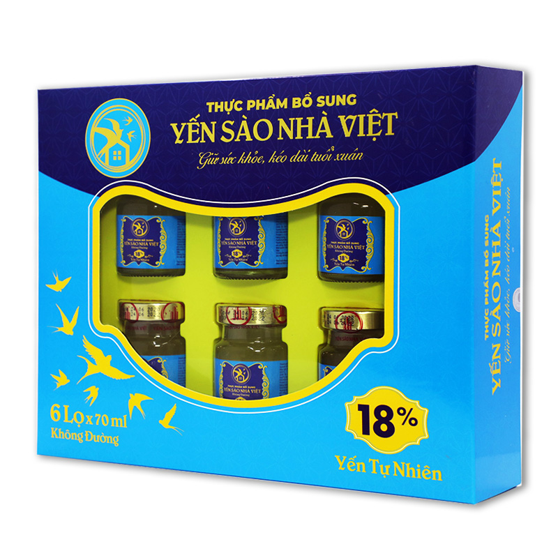 Nước Yến Sào Nhà Việt Không Đường 18% Yến - Hộp 6 Lọ x 70ml