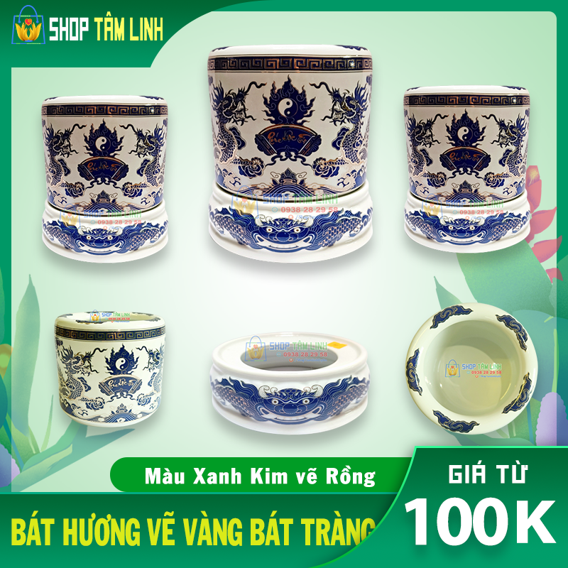 Bát hương thờ cúng gốm sứ Bát Tràng vẽ vàng men xanh kim Shoptamlinh