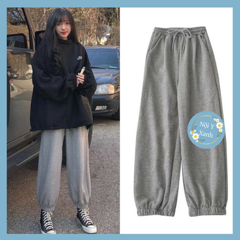 Cái mới Quần jogger nữ bo gấu trơn vải thun da cá - Quần nỉ ống rộng bo chân màu đen trắng xám -ỉ form rộng bo gấu jogger thun