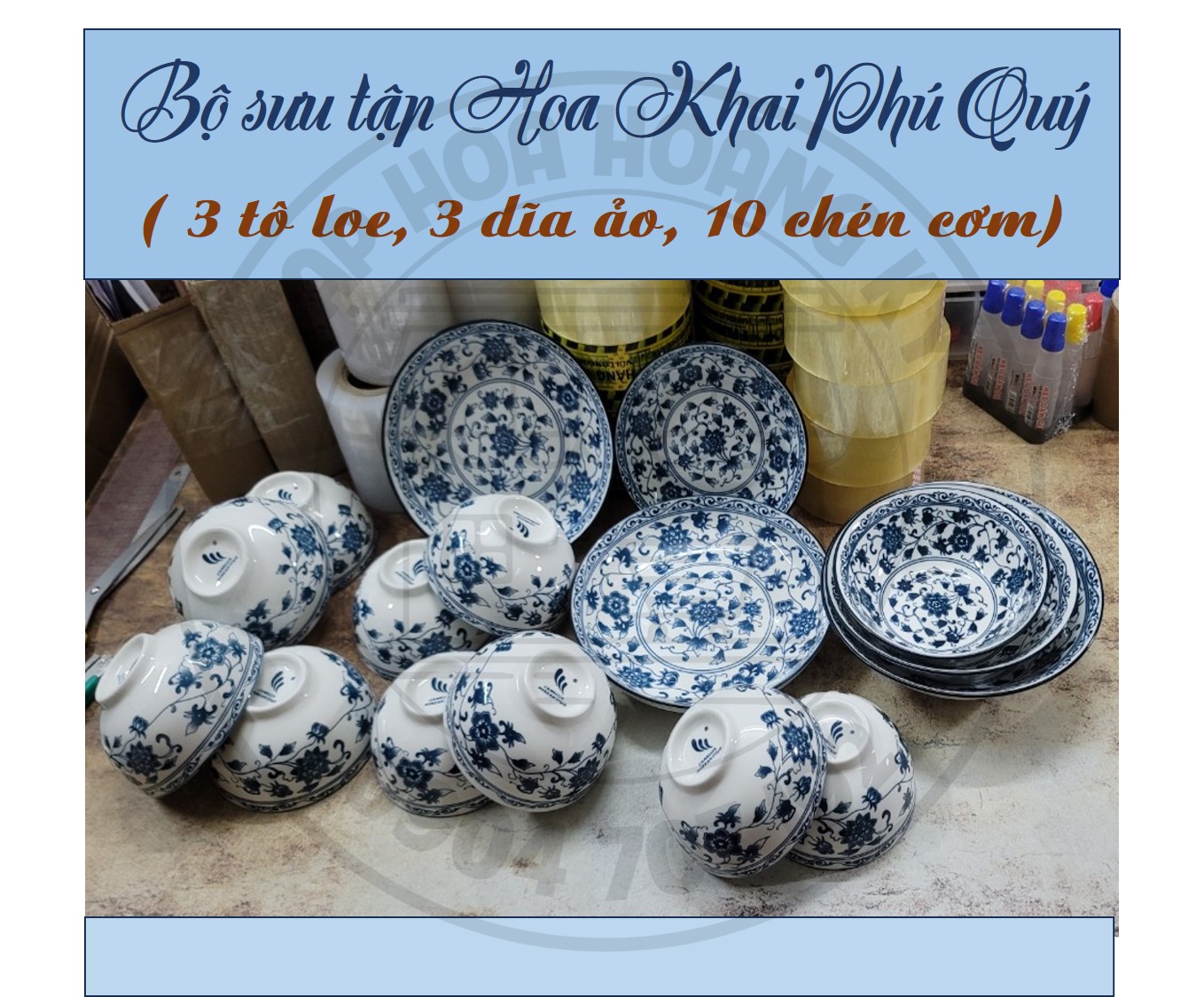 Bộ tô, chén, đĩa gốm sứ 4d họa tiết hoa khai phú quý