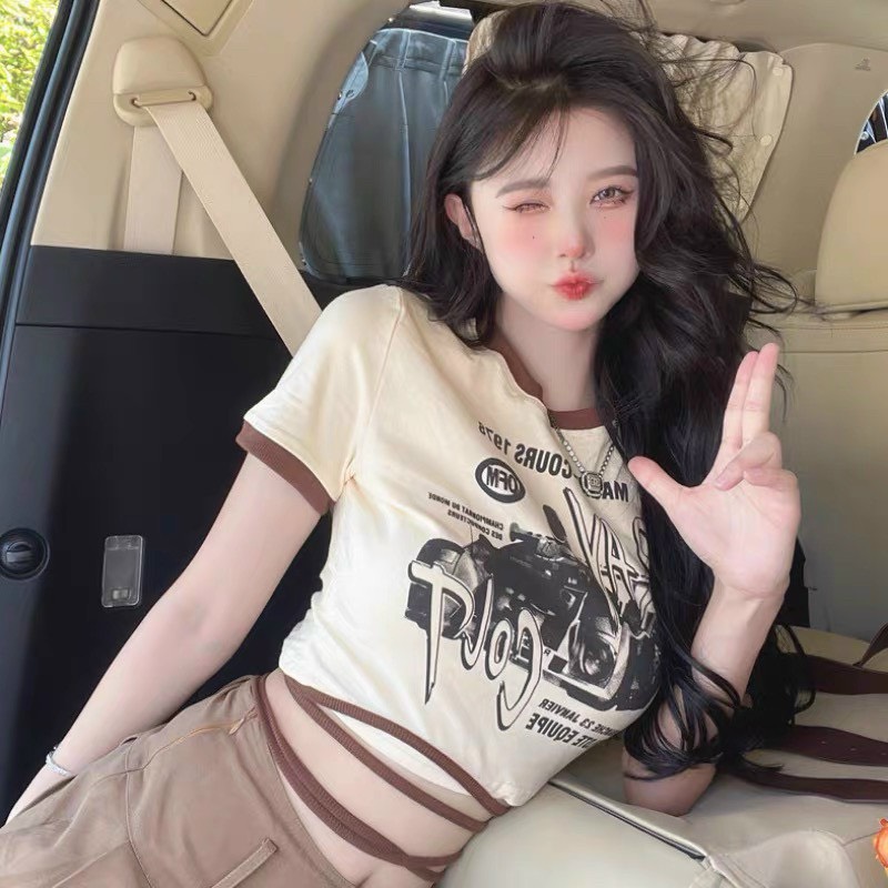 Áo thun kiểu nữ, áo thun borip croptop tay ngắn in họa tiết, phối dây buộc eo mongb13