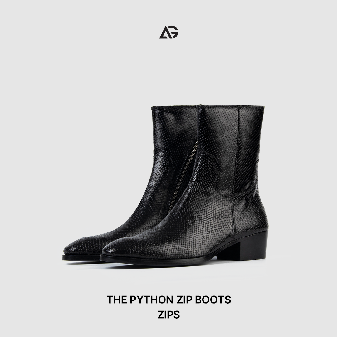 Giày Zip boots Python da bò cao cấp nhập khẩu, Handmade August Shoes ZIPS đế cao 5cm bảo hành 24 tháng