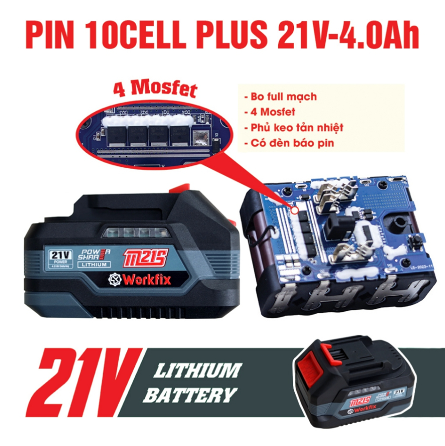 Pin 10 cell workfix 4ah vỏ chống cháy, dòng xả cao chân pin phổ thông 4cm