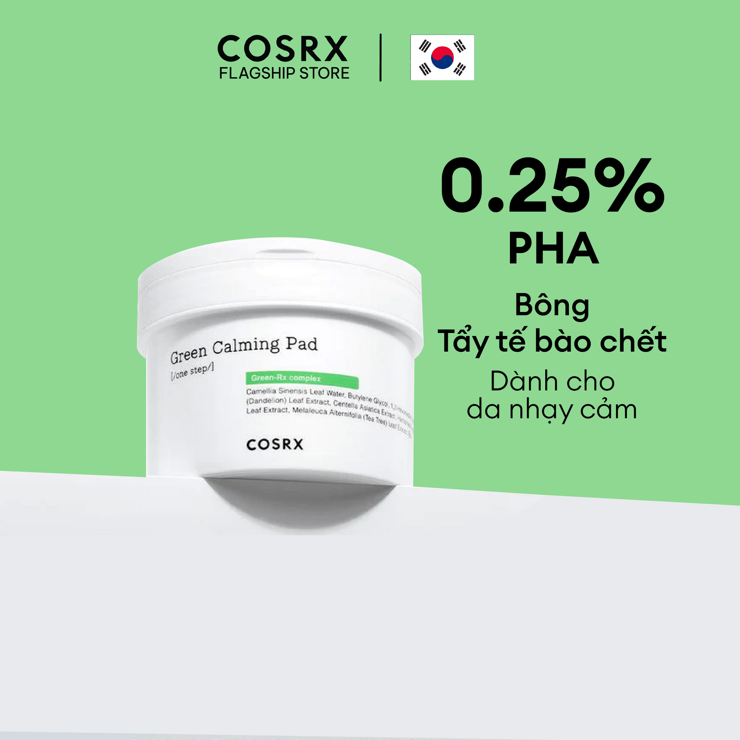 Bông Tẩy Tế Bào Chết Hoá Học Dưỡng Ẩm Và Dịu Da (0.25 % PHA, Trà Xanh) COSRX One Step Green Hero Calming Pad 70 Miếng
