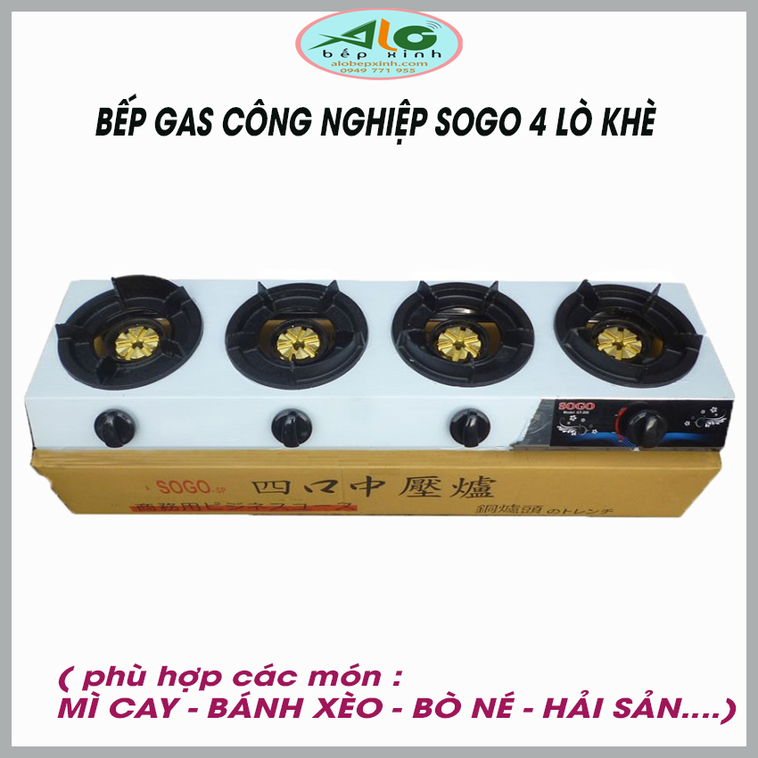 Bếp gas 4 lò công nghiệp khè SOGO GT-208S4 - Cụm đánh lửa Đài loan ( phải sử dụng kèm van dây cao áp) - ALo Bếp xinh