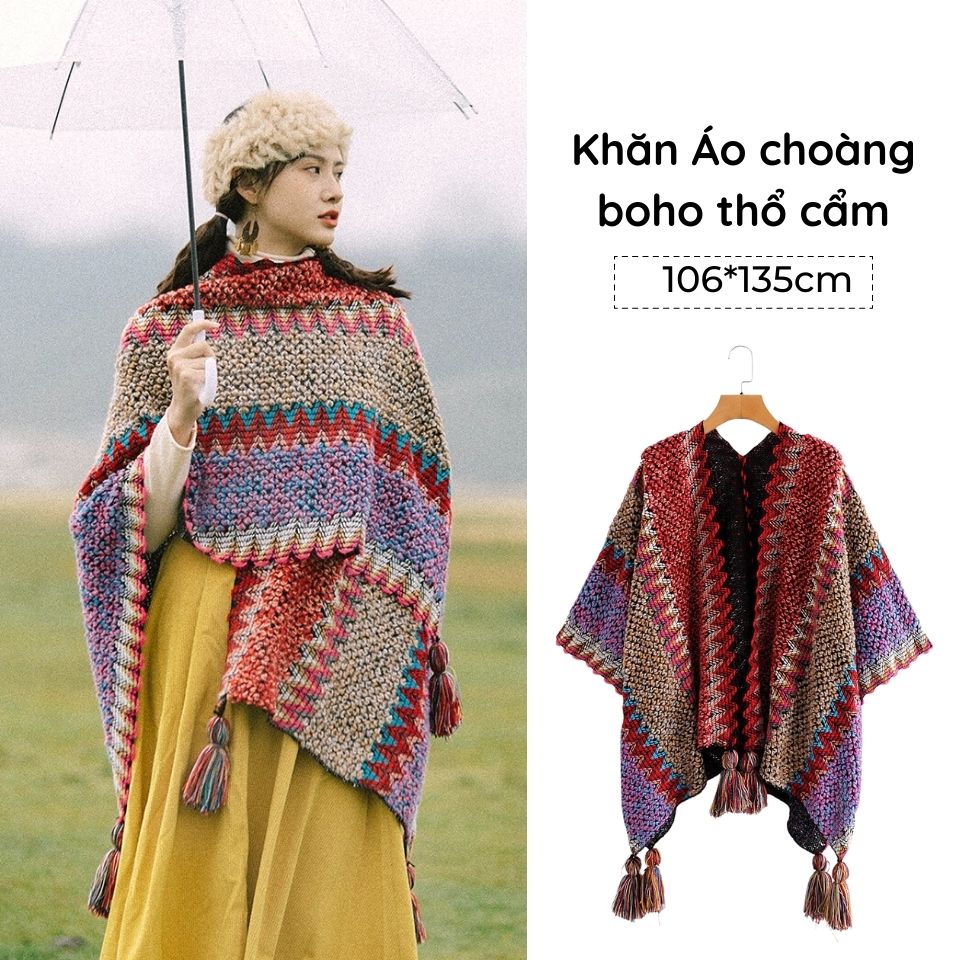 Áo choàng boho thổ cẩm nữ khăn choàng ngoài chất len móc nhiều màu 106*135cm - AC0201