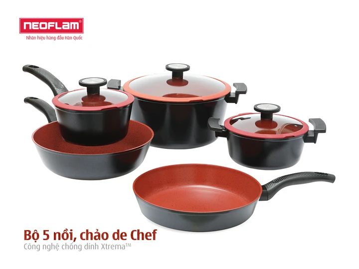 [HÀNG CHÍNH HÃNG] Bộ 5 nồi chảo chống dính bếp từ deChef NEOFLAM Hàn Quốc. Bao gồm 03 nồi sâu chống dính đế từ 18cm, 20cm, 28cm I 01 chảo chiên chống dính đế từ 28cm I 01 chảo đa năng sâu lòng chống dính đế từ 28cm