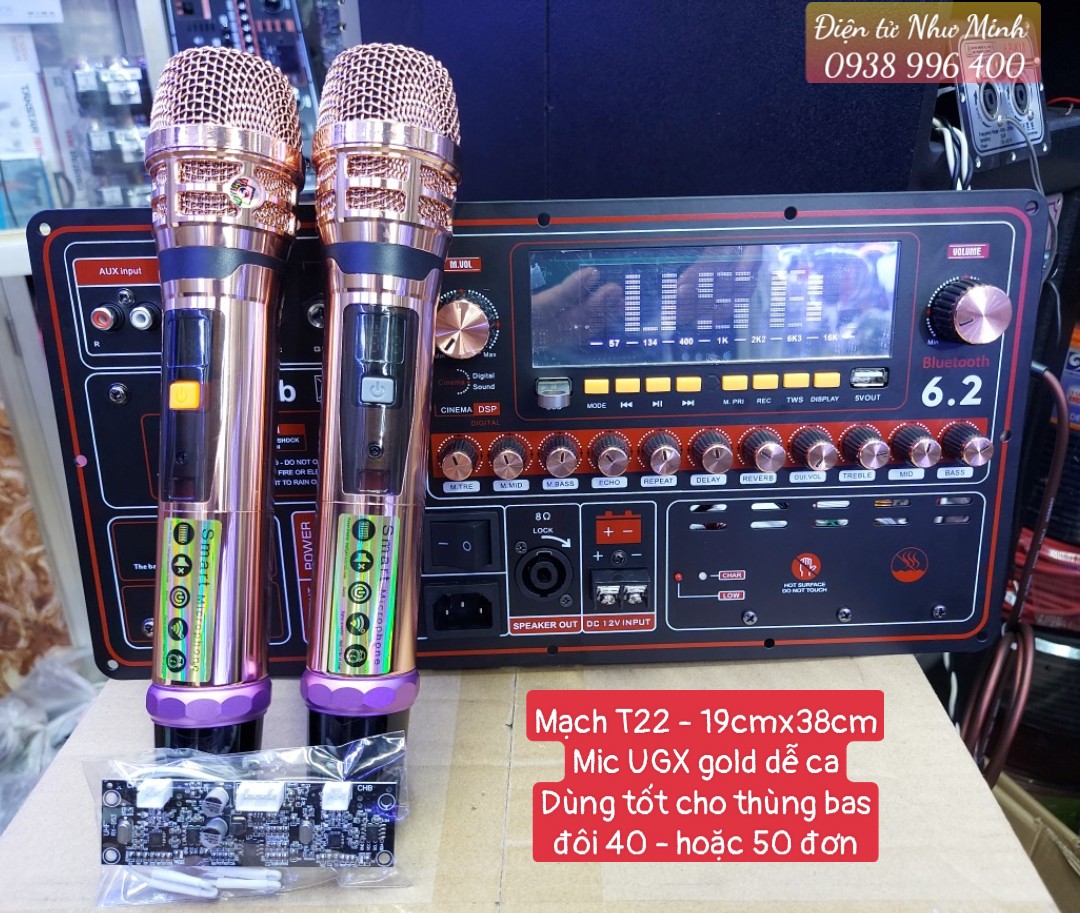 "mạch thùng kéo dsp revẻb t22 kèm mic không dây ugx gold -âm thanh hay - mic cực thoáng tiếng ca - công suất lơn ~500w"