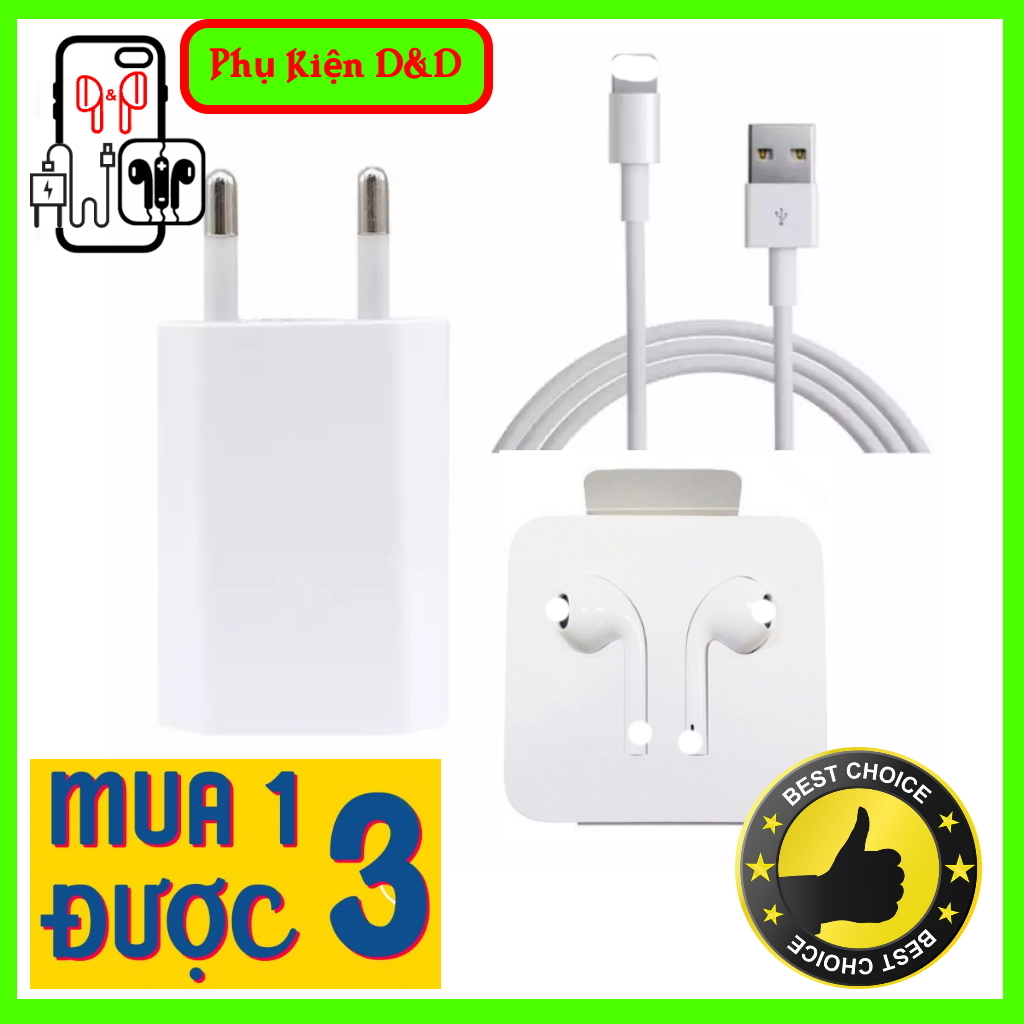 Bộ combo sạc củ dẹt và cáp cho các dòng 6s/7/8/X/Xs/Xsmax Loại Tốt