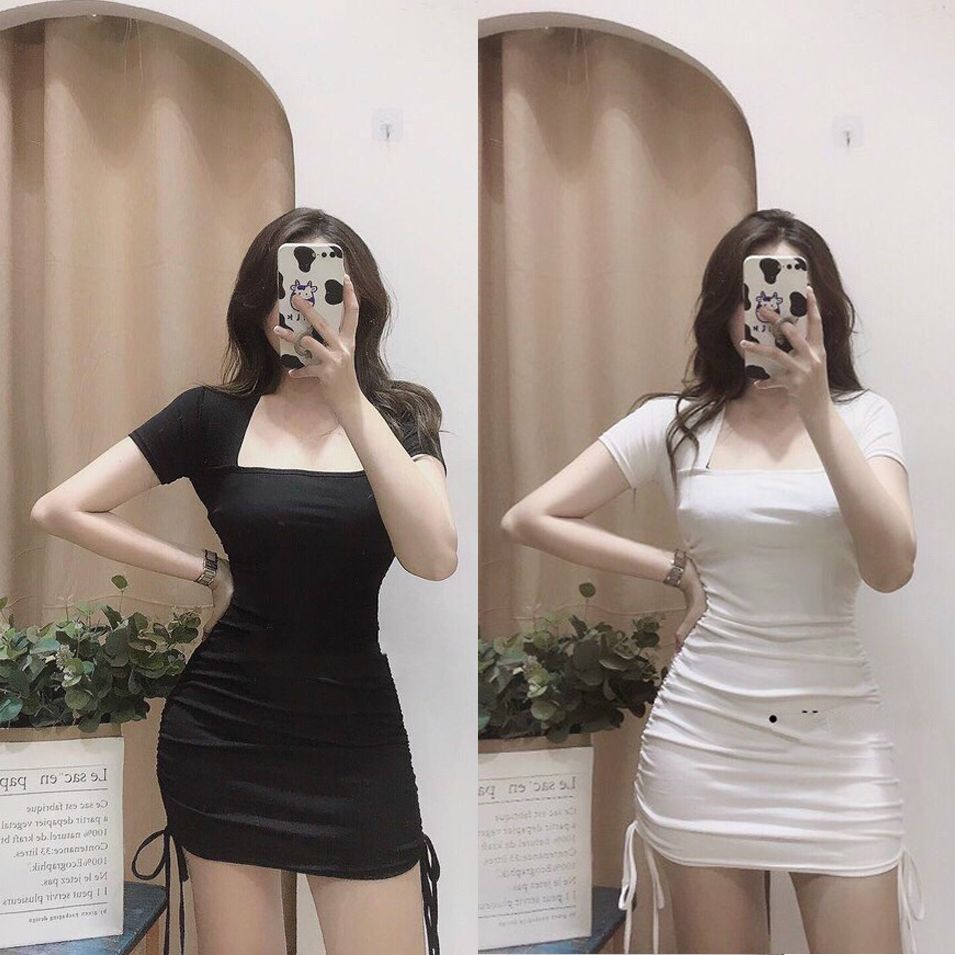 Đầm Váy body tay ngắn cổ vuông rút dây thời trang XINSO cao cấp chất thun borip mềm mịn co giãn tốt không bai xù