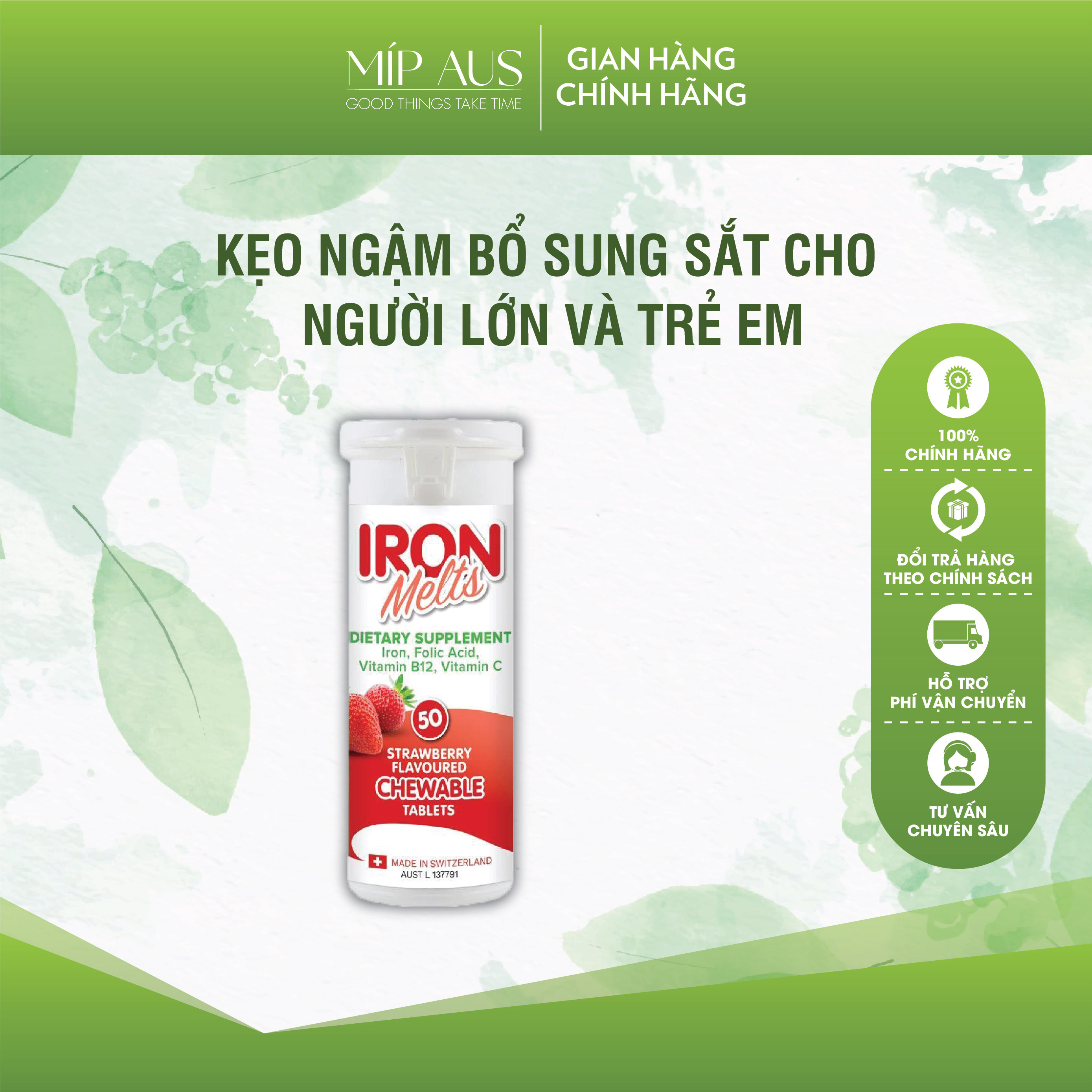 Viên ngậm bổ sung sắt iron melts vị dâu tây của úc - 50 viên