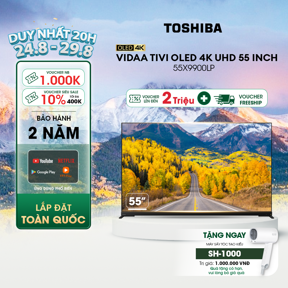 Vidaa tivi toshiba 55 inch 55x9900lp, smart tv màn hình oled 4k uhd - loa 113w - tần số quét 120hz - miễn phí lắp đặt
